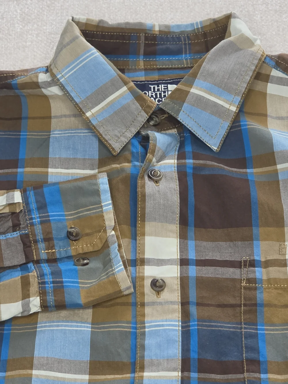 The North Face Shirt Mens Medium Brown Blue Plaid Long Sleeve Button Up Cotton